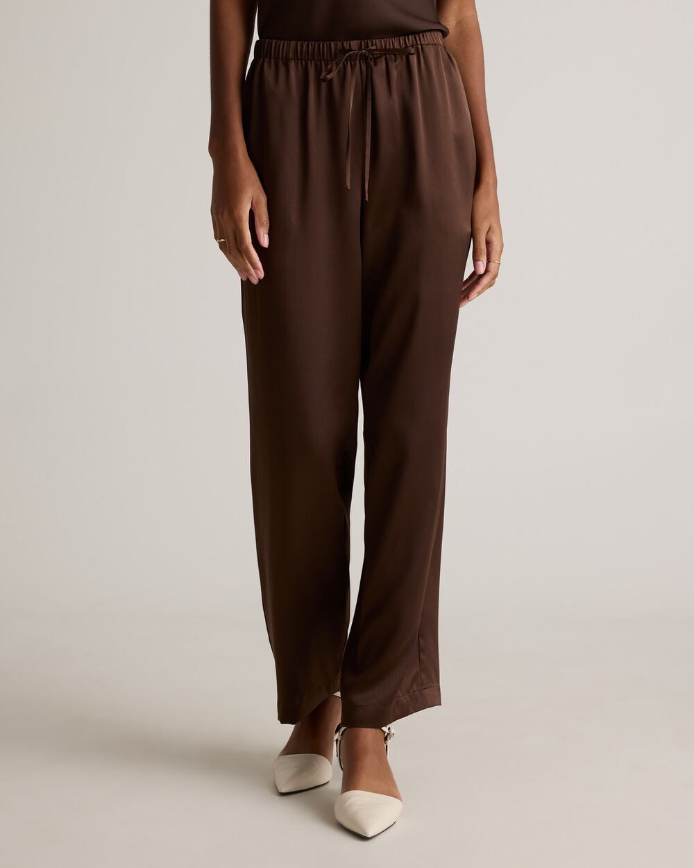 NWT Quince 100% Washable Silk Drawstring Wide Leg Pants Brown S